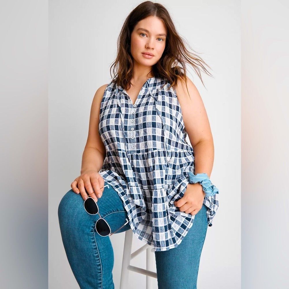 Anthropologie Pilcro Neve Tiered Windowpane Print  Blouse in Blue Motif  L NWOT